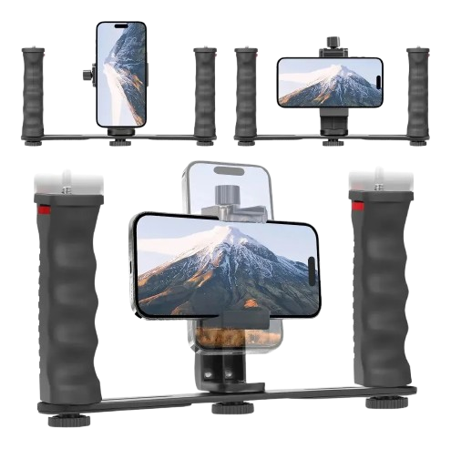 Estabilizador manual tipo rig para celular com pegadores laterais pretos e encaixes para acessórios.